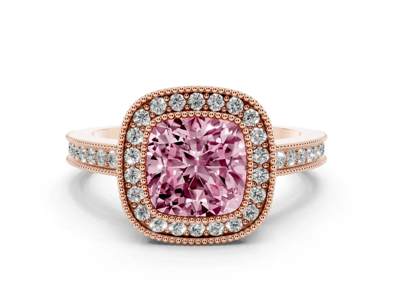 Fancy Pink Cushion Cut Diamond Halo Ring Set in Rose gold with Pavé Band and Milgrain-Edged Prongs