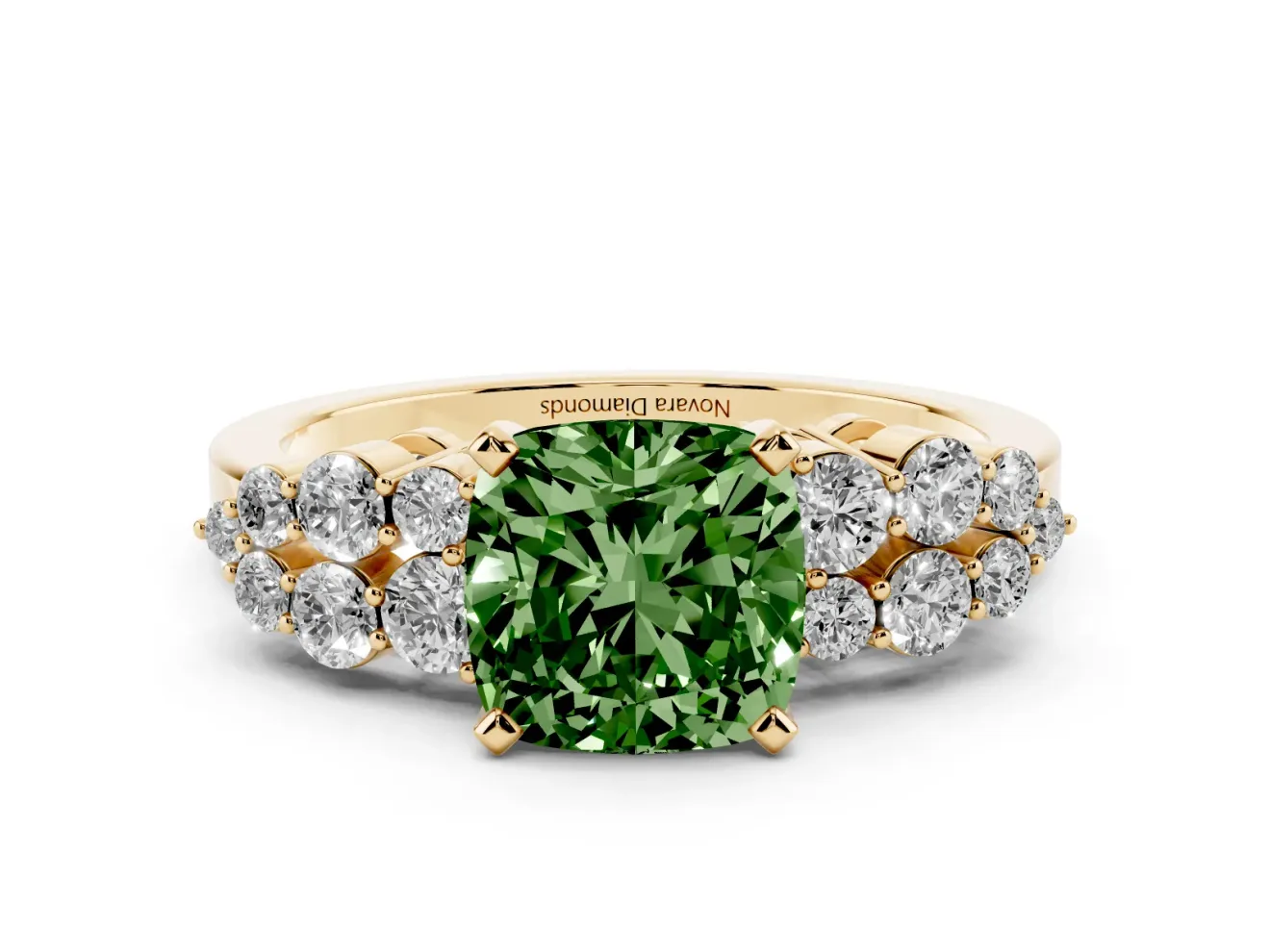 Cushion Cut Side Stone Engagement Ring Setting for a Fancy Green Lab-Grown Diamond | Shoulder Clusters | Yellow Gold