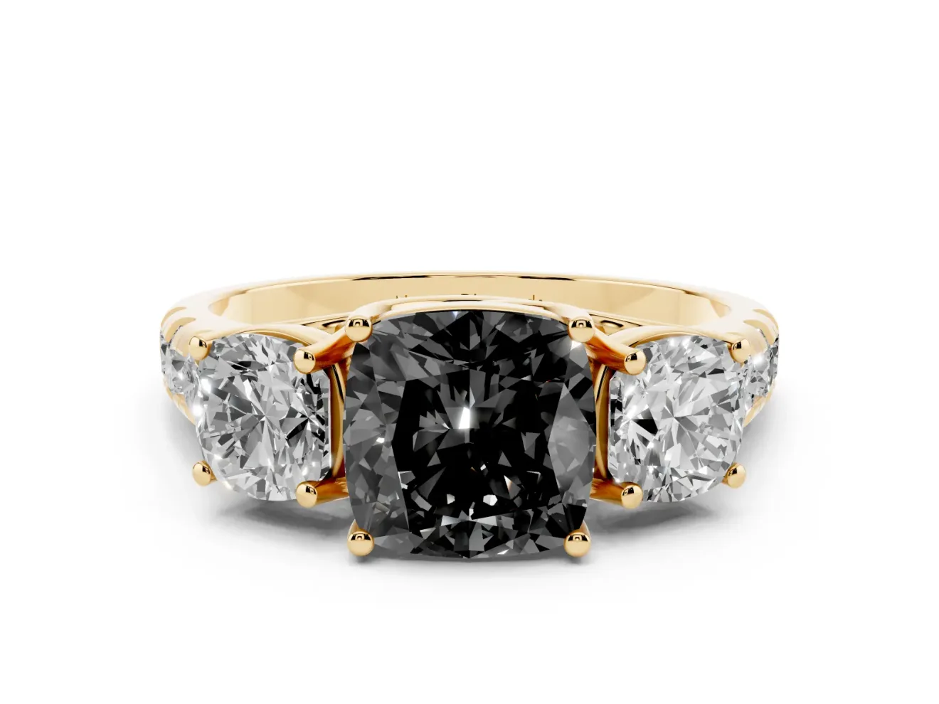Cushion Cut Three Stone Engagement Ring Setting for a Black Center | Accented Shoulders | Yellow Gold