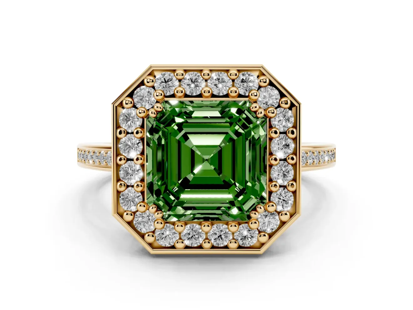 Asscher Cut Halo Engagement Ring Setting for a Fancy Green Lab-Grown Diamond | Polished Halo Rim | Yellow Gold