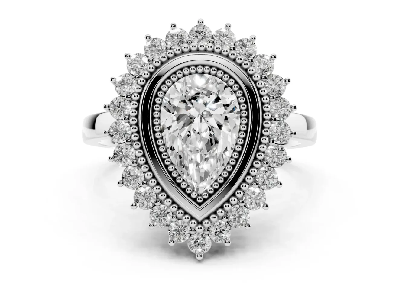 Pear Cut Diamond Halo Ring Set in Platinum with Milgrain Edge and Round Prong Setting