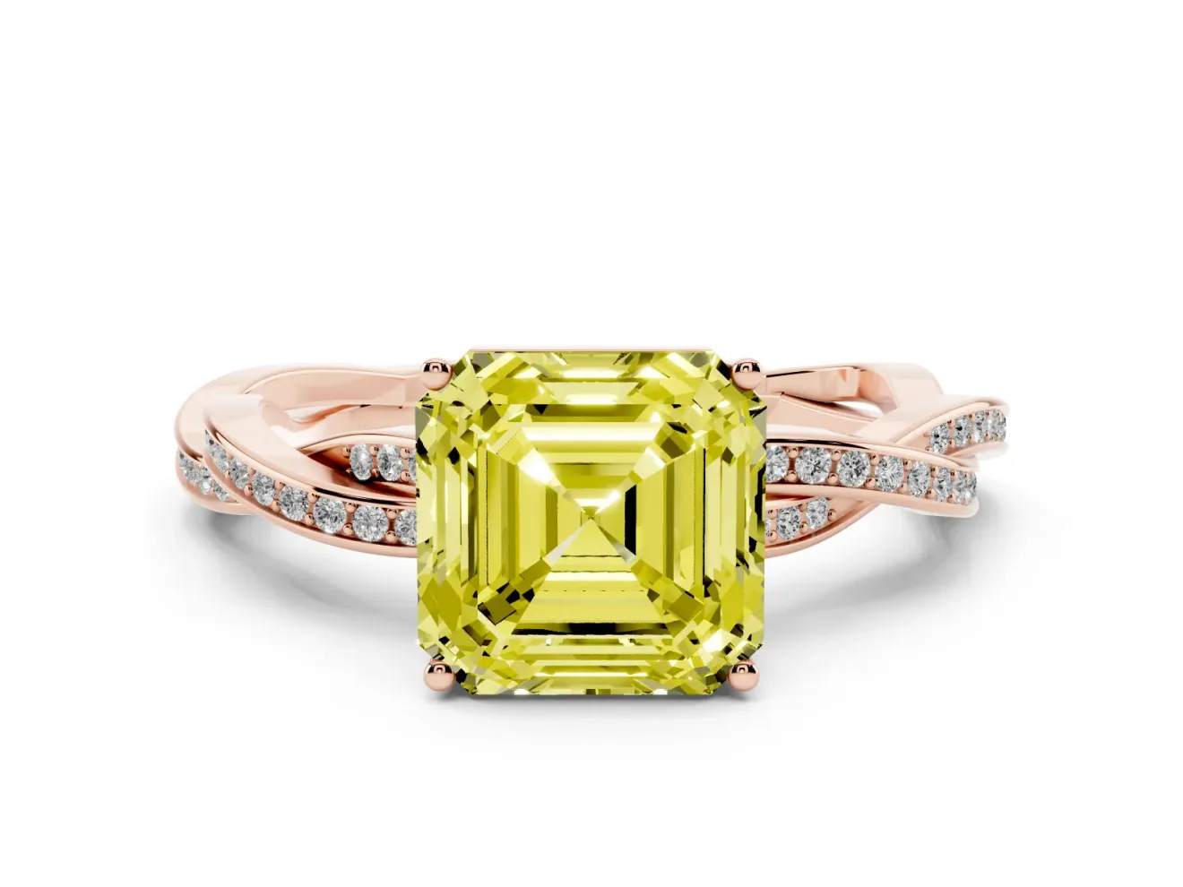 Asscher Cut Twisted Pavé Solitaire Engagement Ring Setting for a Fancy Yellow Lab-Grown Diamond | Rose Gold