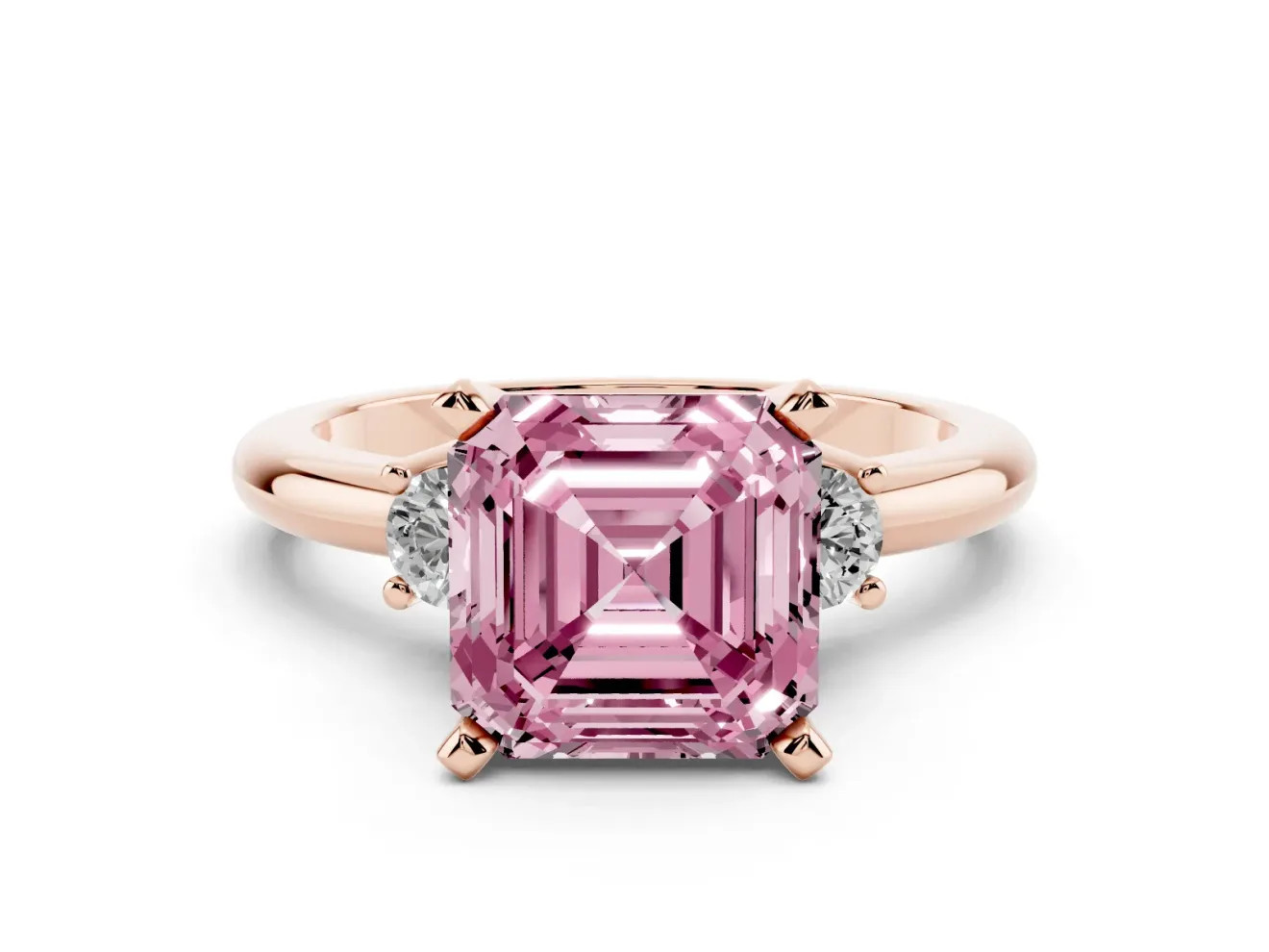 Asscher Cut Three Stone Engagement Ring Setting for a Fancy Pink Lab-Grown Diamond | Round Side Stones | Rose Gold