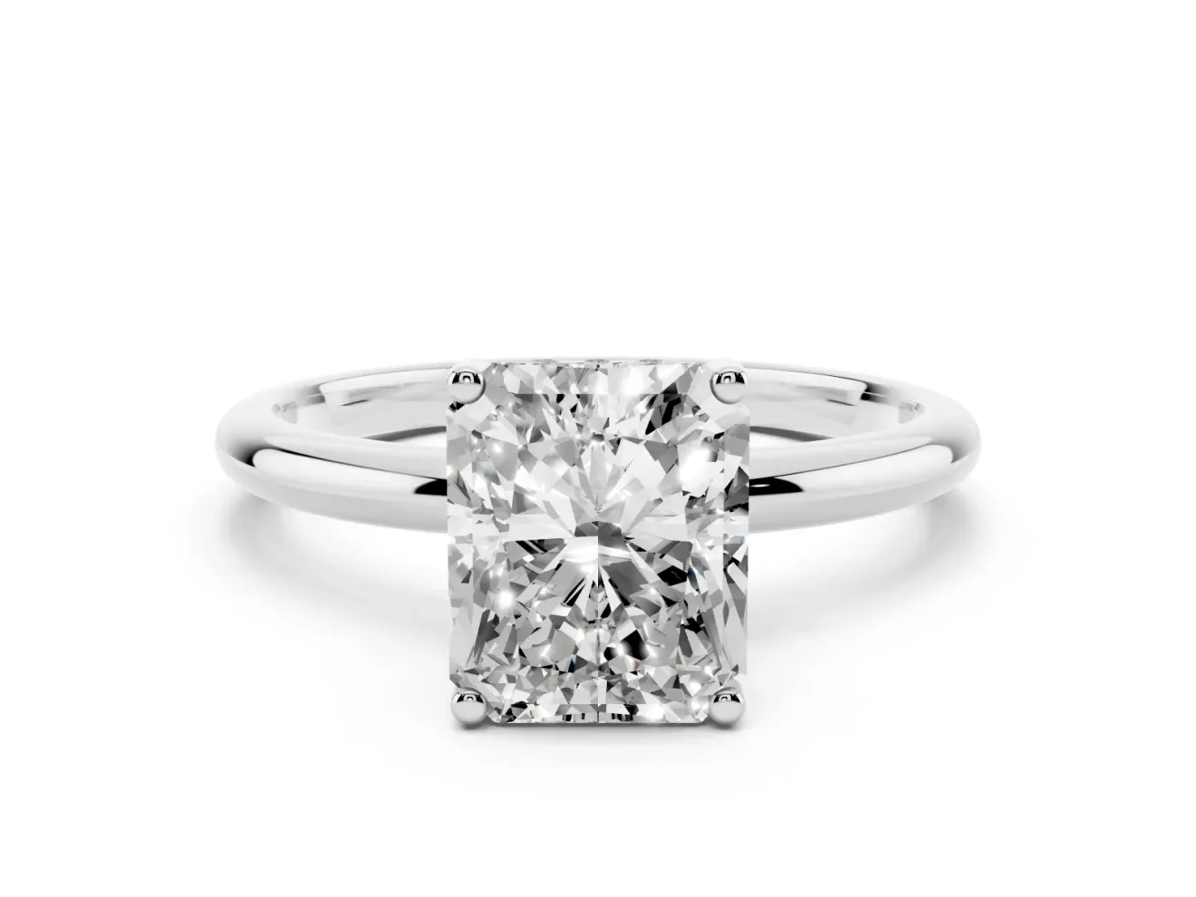 Radiant Cut Diamond Solitaire Engagement Ring Set in White gold with Prong Setting and Polished Band