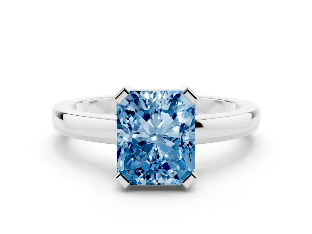 Fancy Blue Radiant Cut Diamond Solitaire Ring Set in White gold with Prong Head and Smooth Polished Band