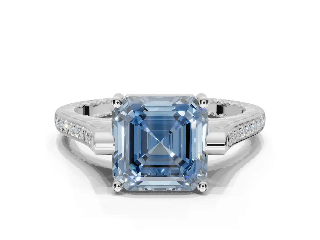 Asscher Cut Vintage Cathedral Engagement Ring Setting for a Fancy Blue Lab-Grown Diamond | Carved Band | Sterling Silver