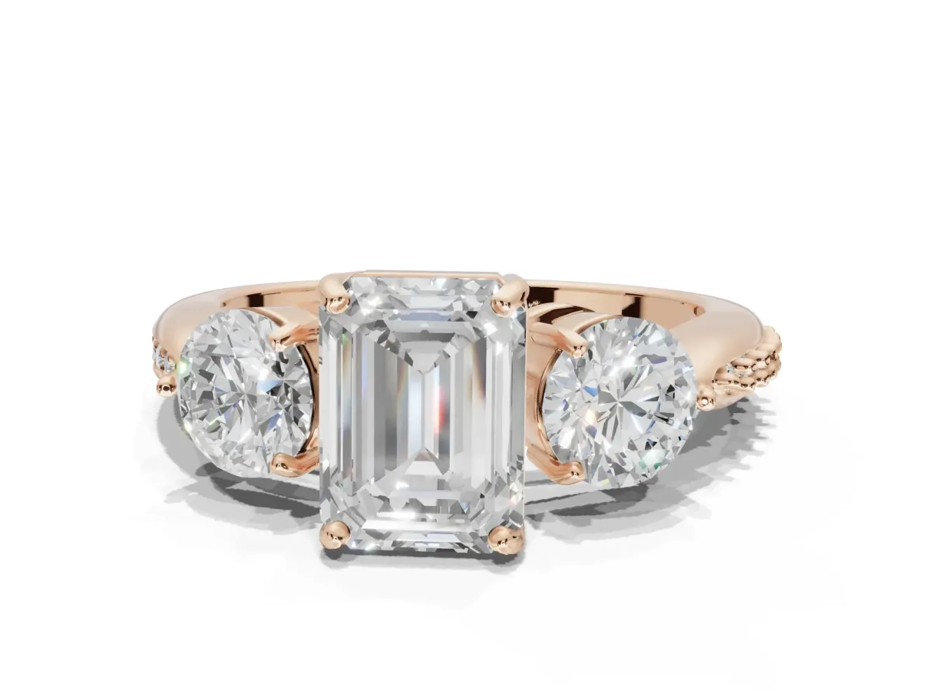 Emerald Cut Three Stone Engagement Ring Setting | Tapered Pave Band | Rose Gold