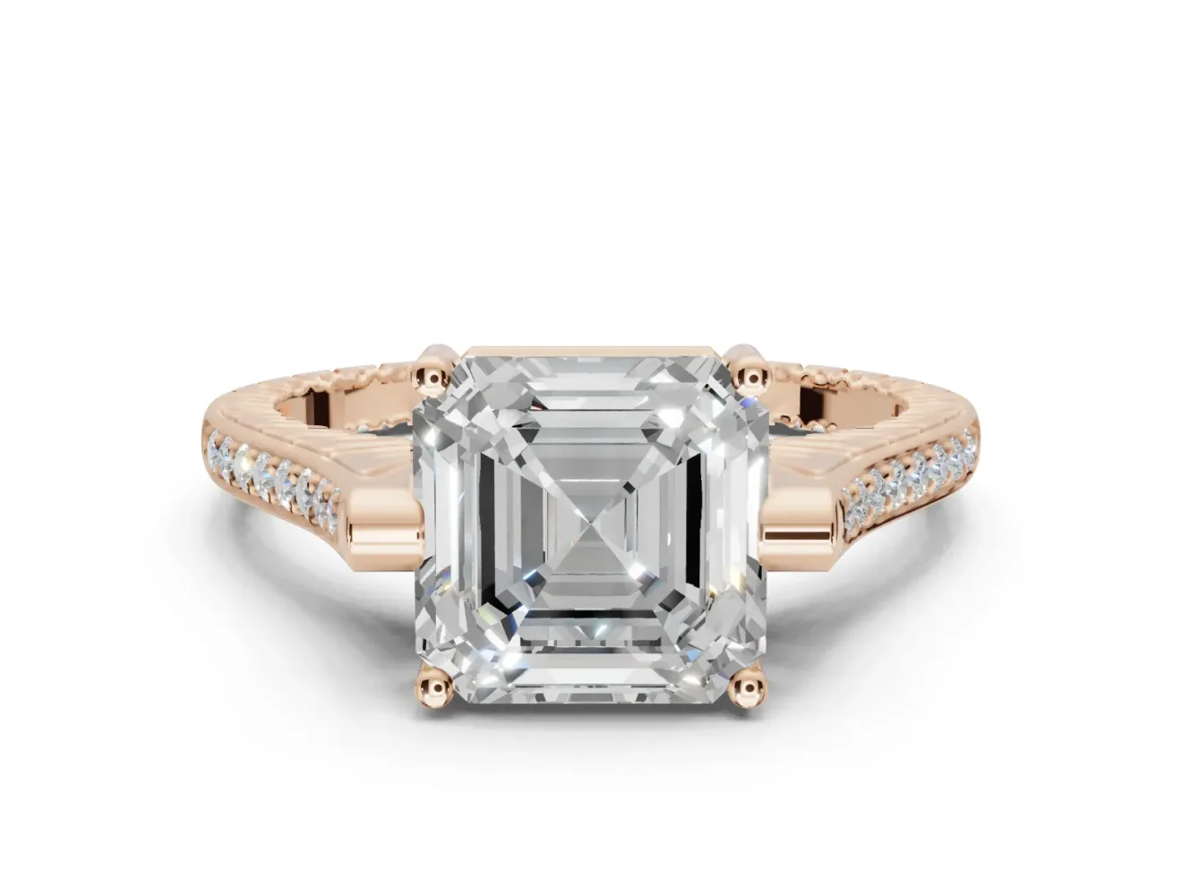 Asscher Cut Vintage Cathedral Engagement Ring Setting | Carved Band | Rose Gold