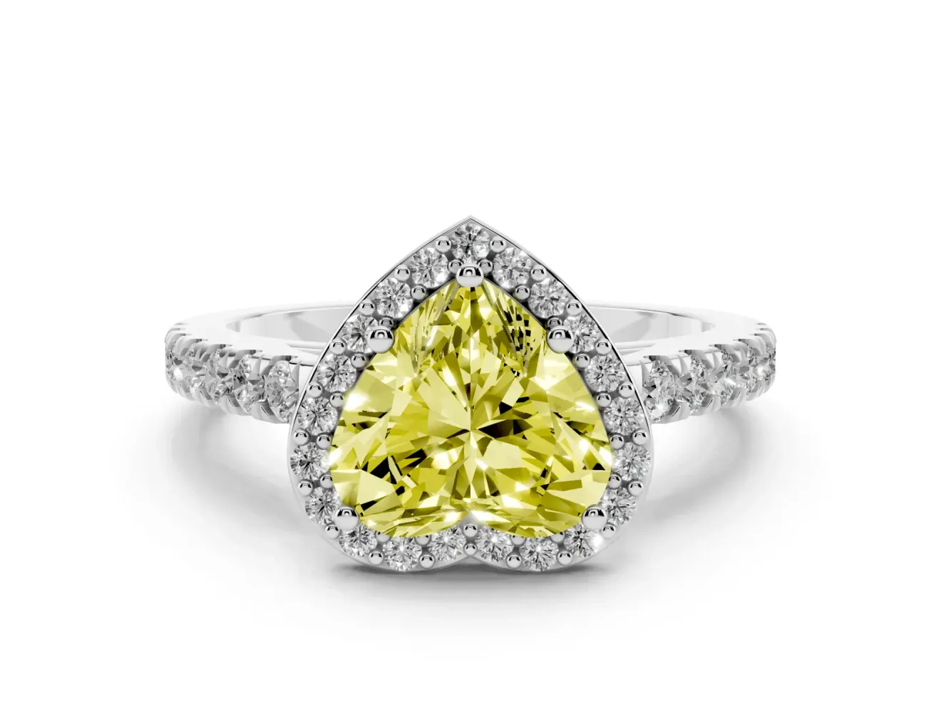 Fancy Yellow Heart Cut Diamond Halo Engagement Ring Set in White gold with Pavé Band and Prong Setting