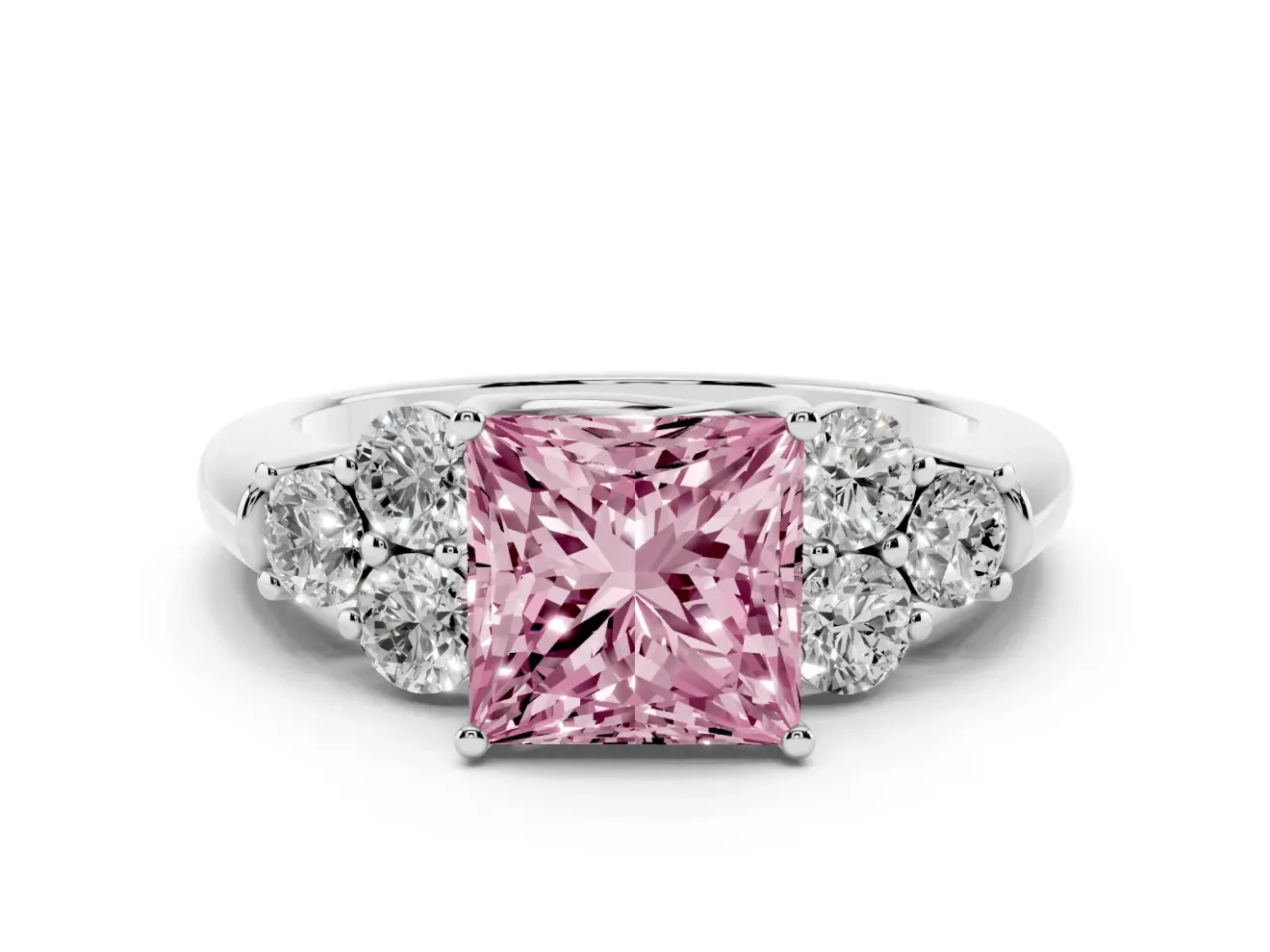 Fancy Pink Princess Cut Diamond Cluster Ring Set in Silver with Round Accent Stones and Prong Setting on a Plain Band