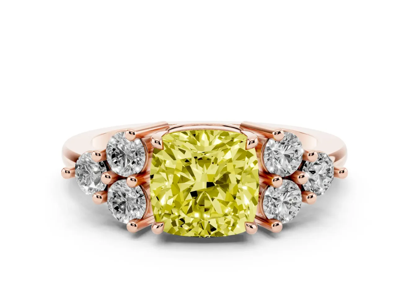 Cushion Cut Cluster Side Stone Engagement Ring Setting for a Fancy Yellow Lab-Grown Diamond | Plain Band | Rose Gold
