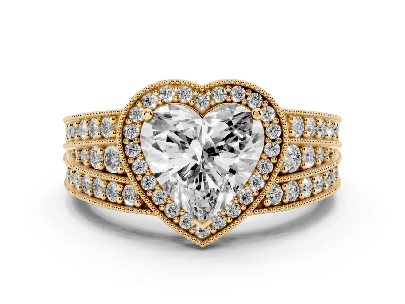 Heart Cut Diamond Halo Ring Set in Yellow gold with Accent Split Shank and Prong Setting