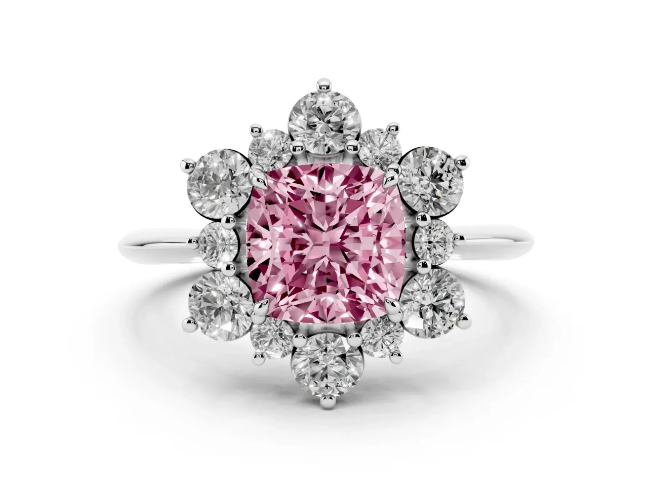 Cushion Cut Cluster Halo Engagement Ring Setting for a Fancy Pink Lab-Grown Diamond | Two-Size Accents | Sterling Silver