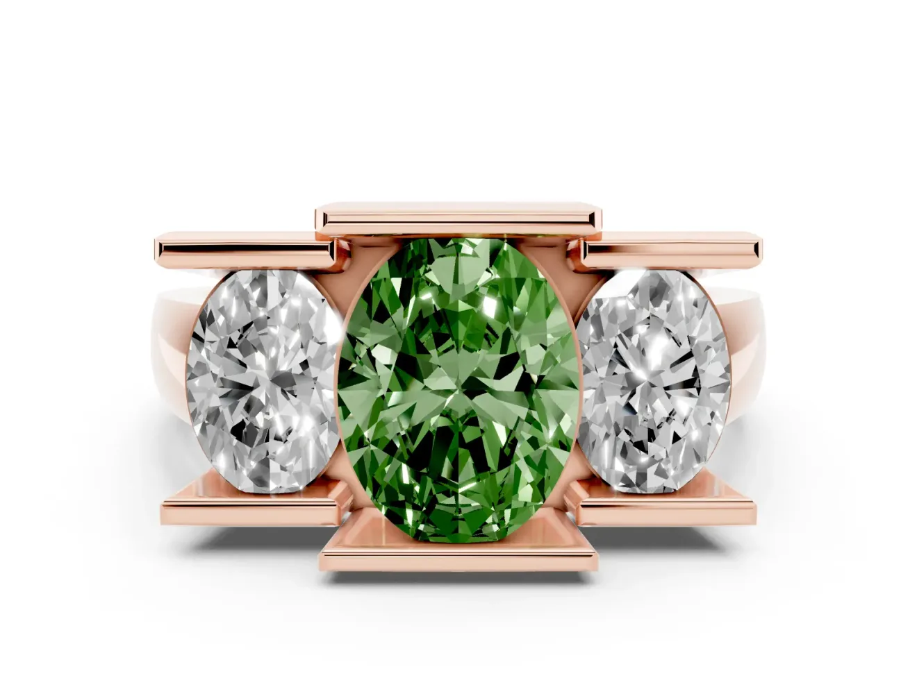 Fancy Green Oval Cut Diamond Three-Stone Channel Set Ring Set in Rose gold with Smooth Polished Band
