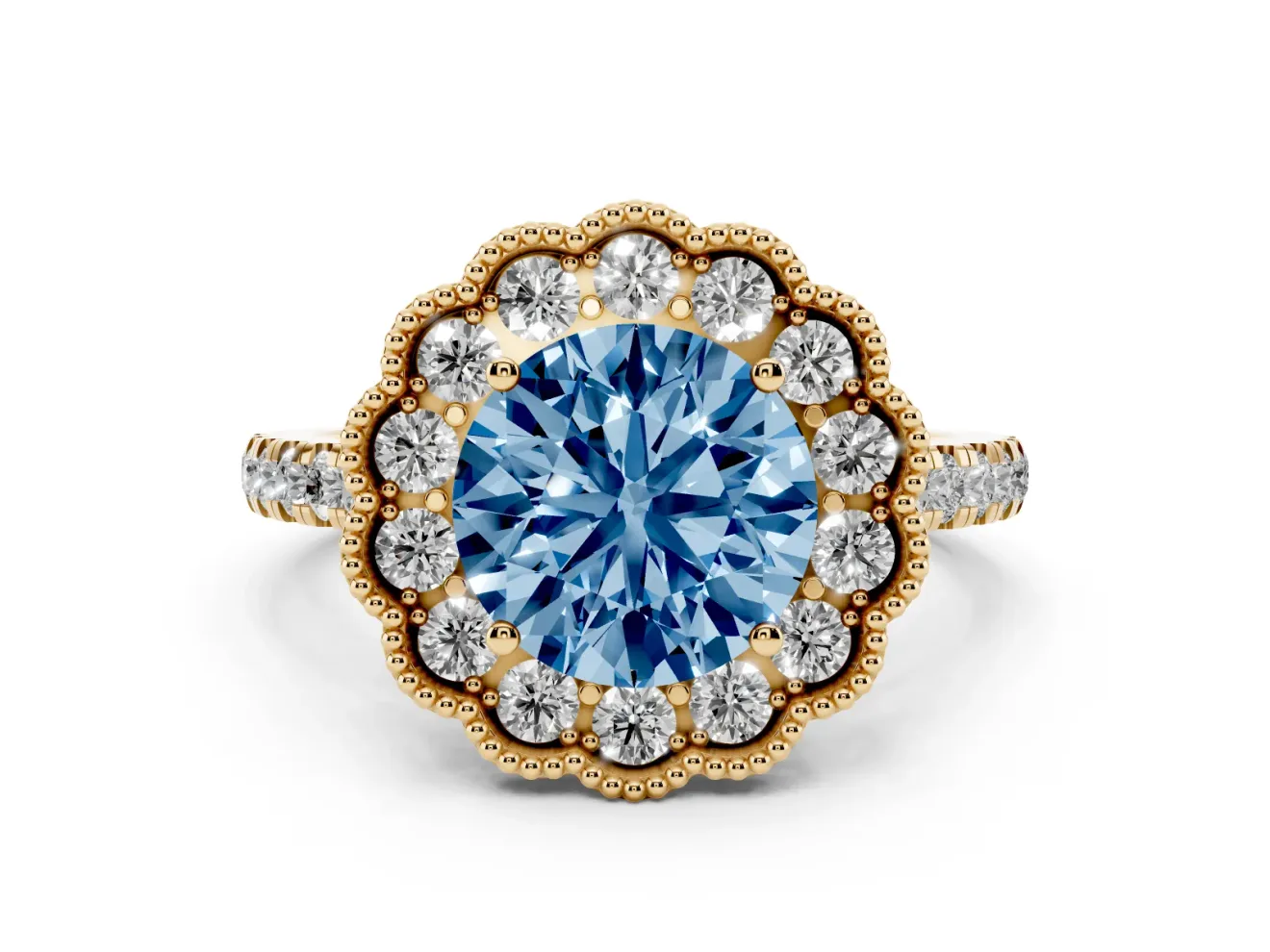 Fancy Blue Round Cut Diamond Milgrain Floral Halo Engagement Ring Set in Yellow gold with Pavé Band