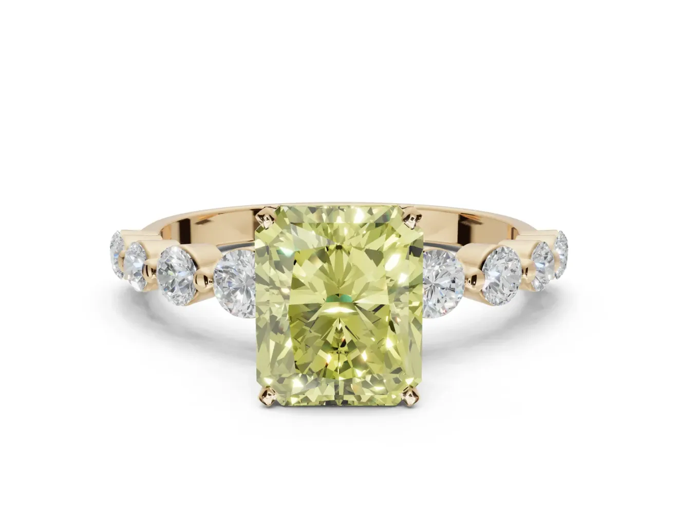 Radiant Cut Graduated Side Stone Engagement Ring Setting for a Fancy Yellow Lab-Grown Diamond | Yellow Gold