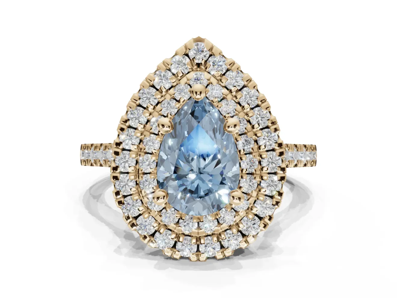 Fancy Blue Pear-Shaped Lab-Grown Diamond Double Halo Statement Ring Set in Yellow Gold with Pavé Band