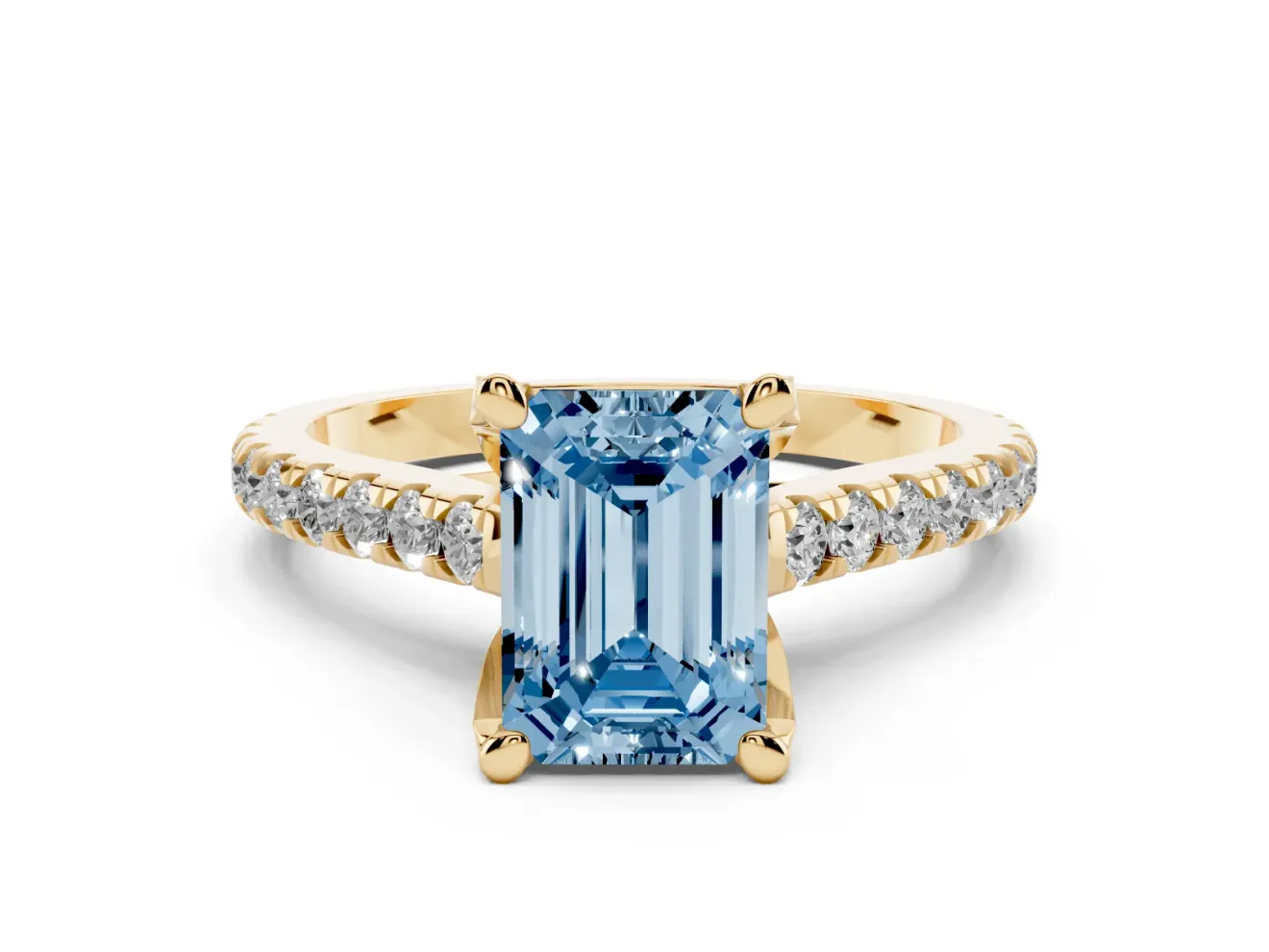Emerald Cut Hidden Halo Pave Engagement Ring Setting for a Fancy Blue Lab-Grown Diamond | Claw Prongs | Yellow Gold