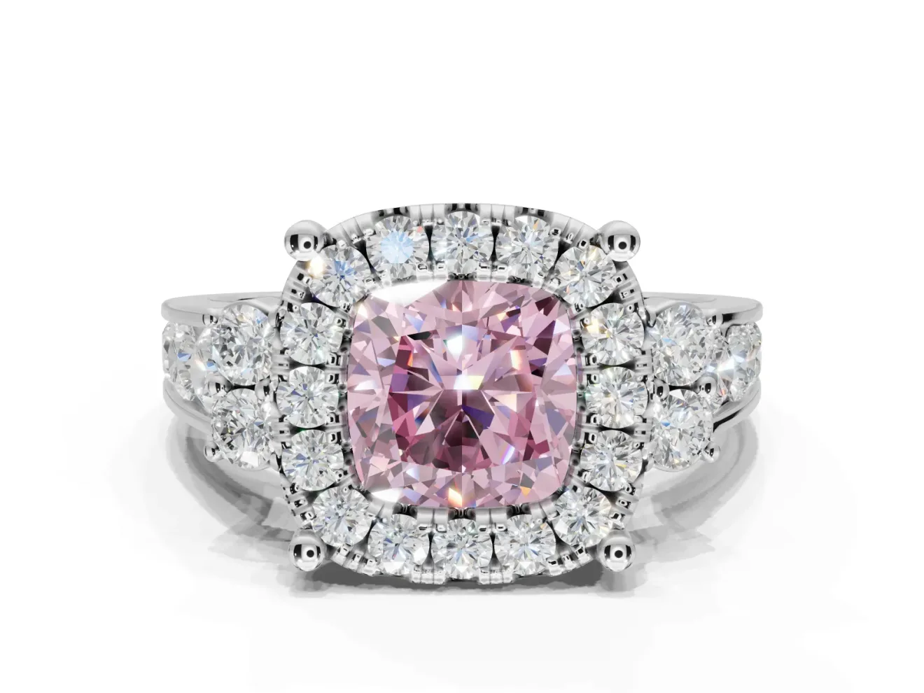 Cushion Cut Halo Engagement Ring Setting for a Fancy Pink Lab-Grown Diamond | Graduated Channel Band | White Gold