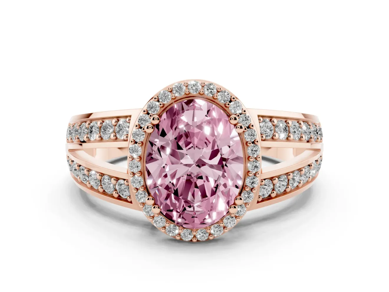 Fancy Pink Oval Cut Diamond Halo Ring Set in Rose gold with Double Pavé Split Shank