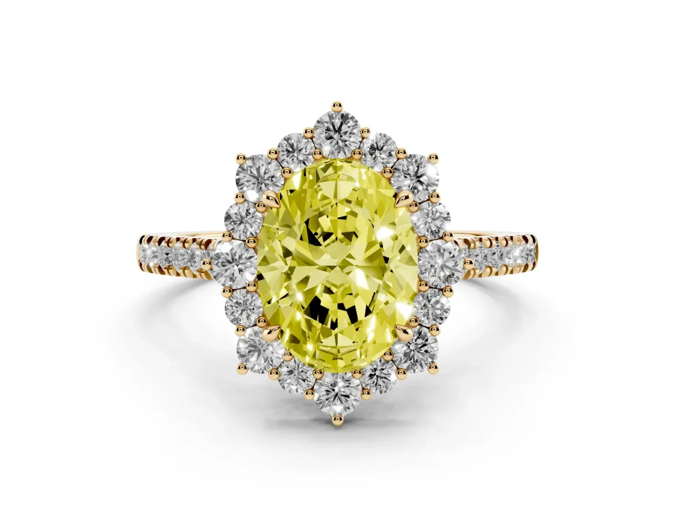Oval Scalloped Halo Engagement Ring Setting for a Fancy Yellow Lab-Grown Diamond | Single Row Pave | Yellow Gold