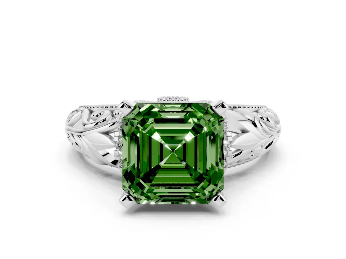 Fancy Green Asscher Cut Diamond Filigree Halo Engagement Ring Set in White gold with Prong Setting