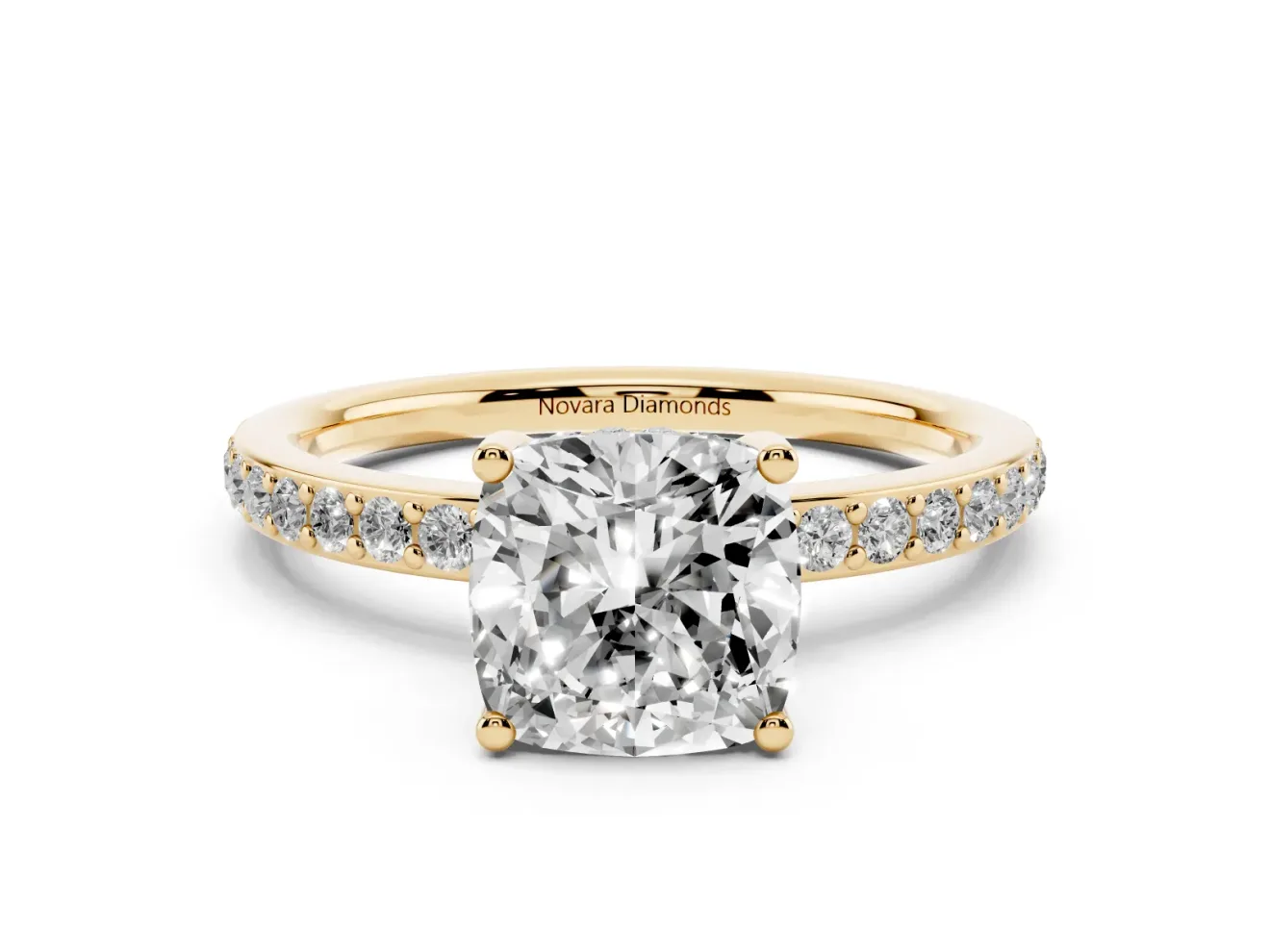 Cushion Cut Diamond Pavé Band Ring Set in Yellow gold with Prong-Set Center Stone