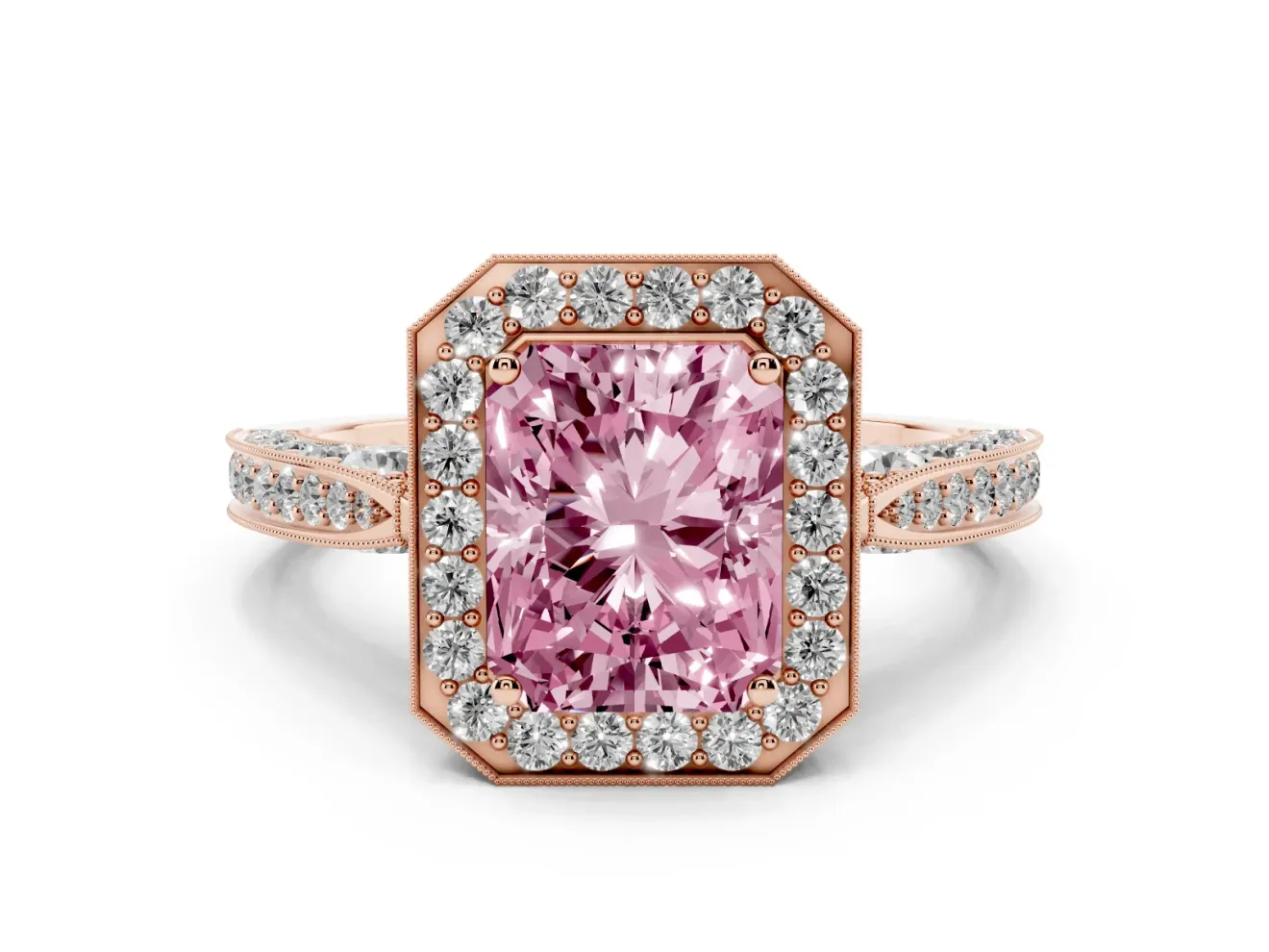 Radiant Cut Milgrain Halo Engagement Ring Setting for a Fancy Pink Lab-Grown Diamond | Side Stones | Rose Gold