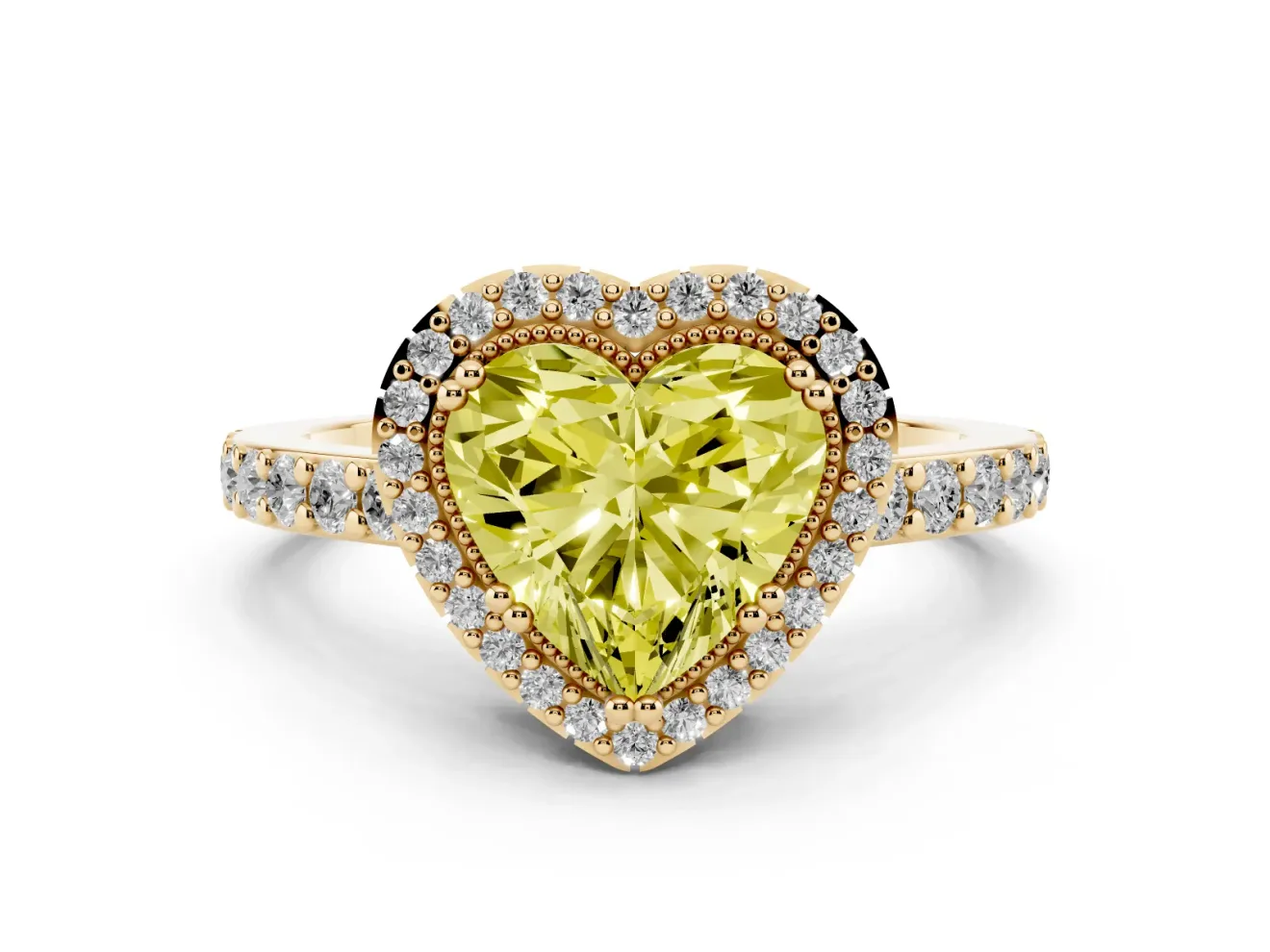 Fancy Yellow Heart Cut Diamond Halo Engagement Ring Set in Yellow gold with Milgrain Detail and Pavé Band