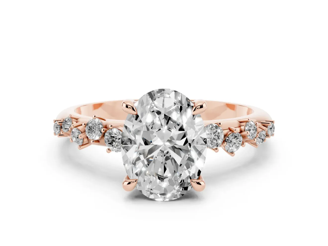 Oval Cut Diamond Solitaire Vine Band Ring Set in Rose gold with Round Accents and Prong Setting
