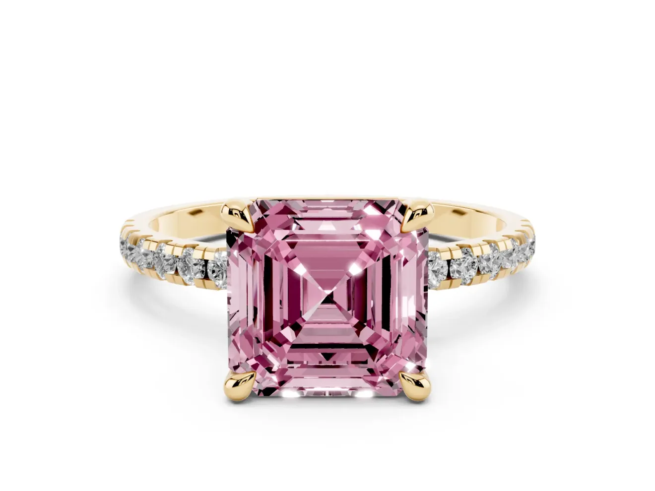 Fancy Pink Asscher Cut Diamond Brilliant Solitaire Ring Set in Yellow gold with Pavé Band and Prong Setting