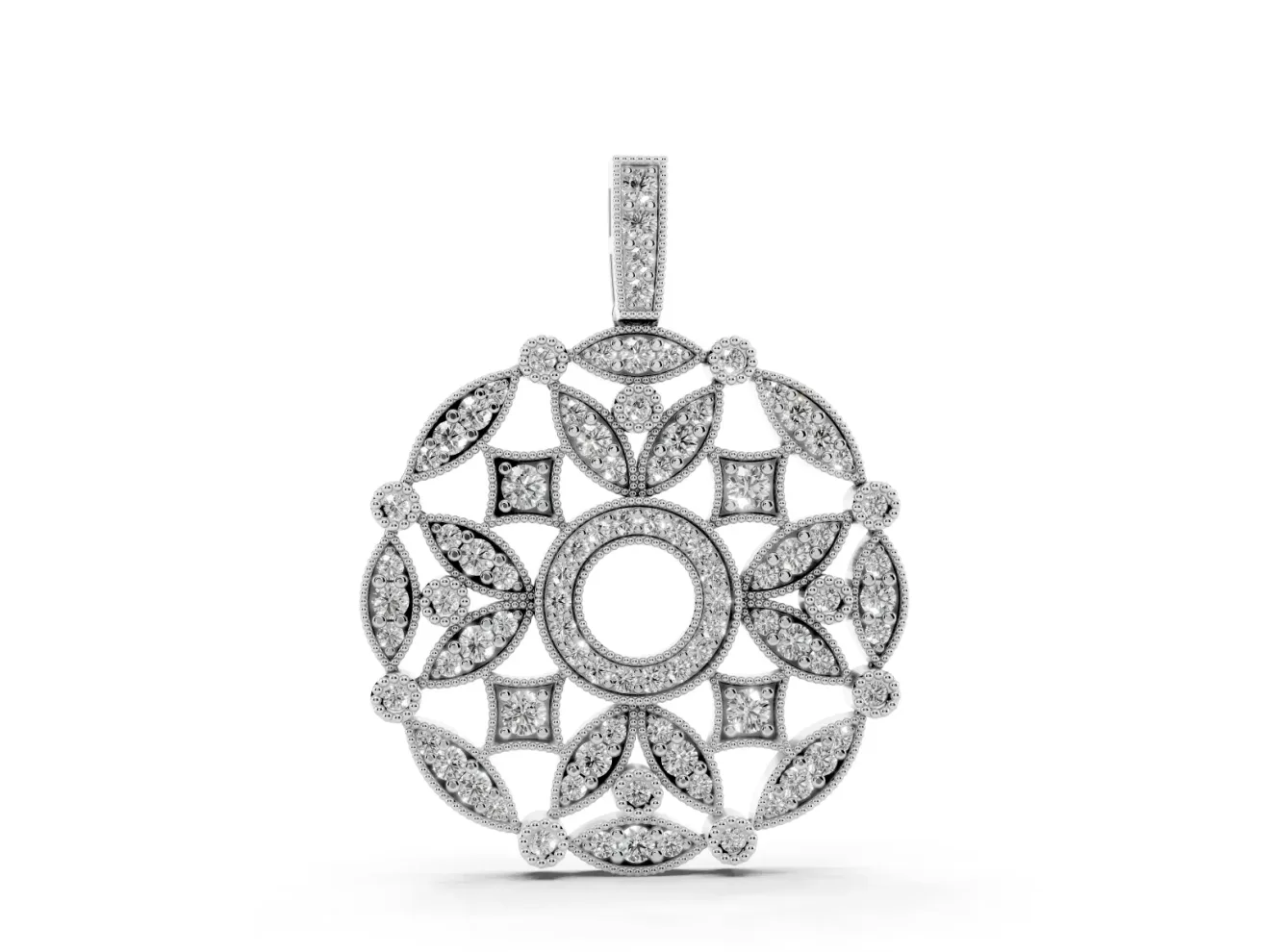 Round Lab-Grown Diamond Graduated Filigree Disc Pendant Necklace | Milgrain Edges | White Gold