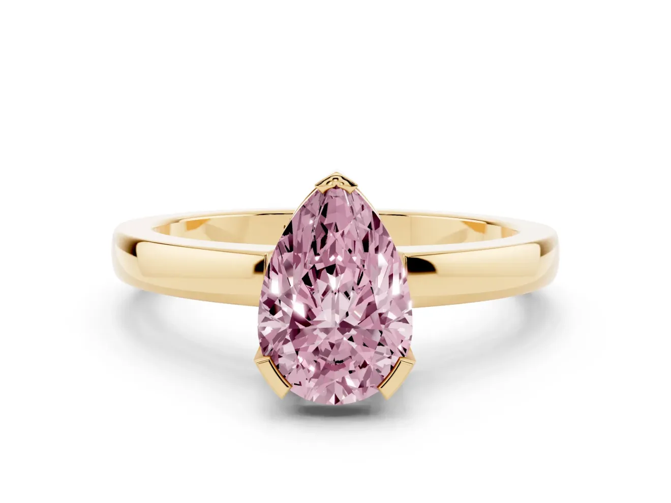 Fancy Pink Pear Cut Diamond Solitaire Ring Set in Yellow gold with Prong Head and Smooth Polished Band