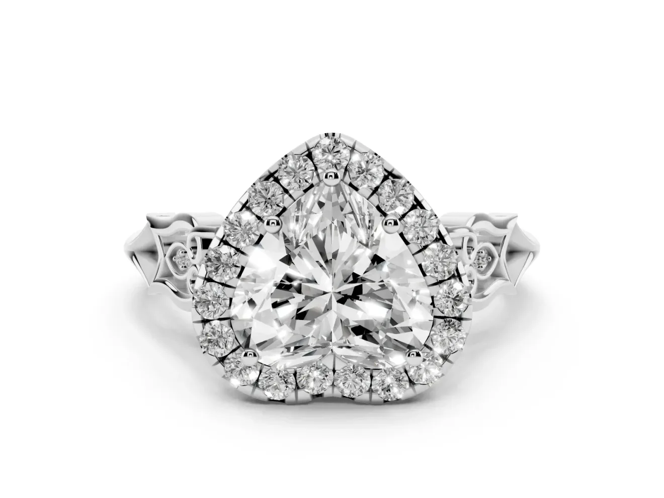 Heart Cut Diamond Halo Engagement Ring Set in White gold with Filigree Band and Prong-Set Center