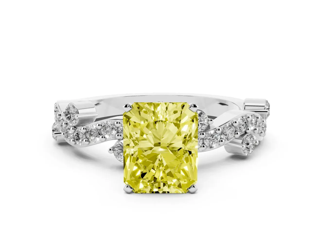 Fancy Yellow Radiant Cut Diamond Solitaire Twisted Band Set in White gold with Pavé Setting