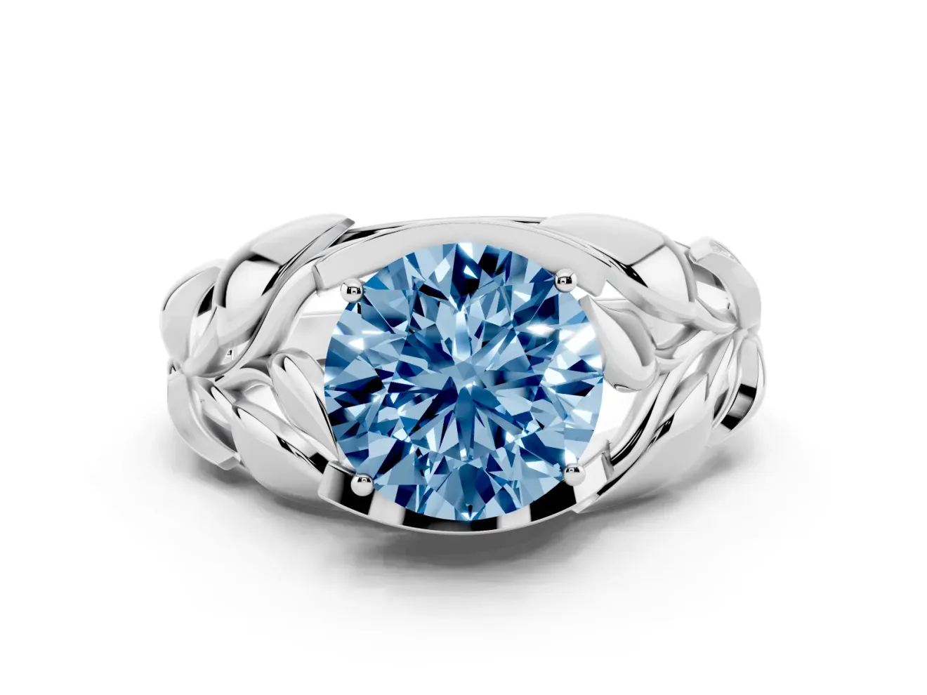 Fancy Blue Round Cut Diamond Leaf-Inspired Engagement Ring Set in Platinum with Round Accents