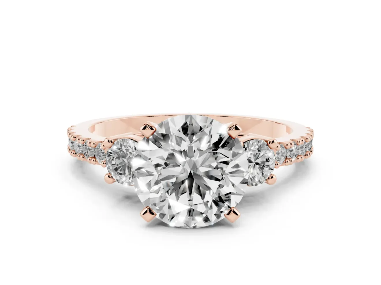 Round Three Stone Pavé Engagement Ring Setting | Round Side Stones | Rose Gold