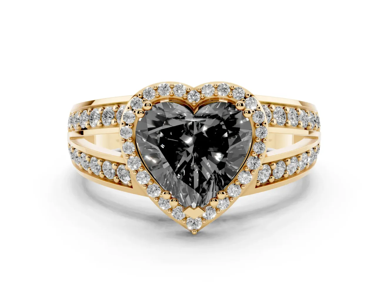 Fancy Black Heart Cut Diamond Halo Ring Set in Yellow gold with Double Pavé Split Shank