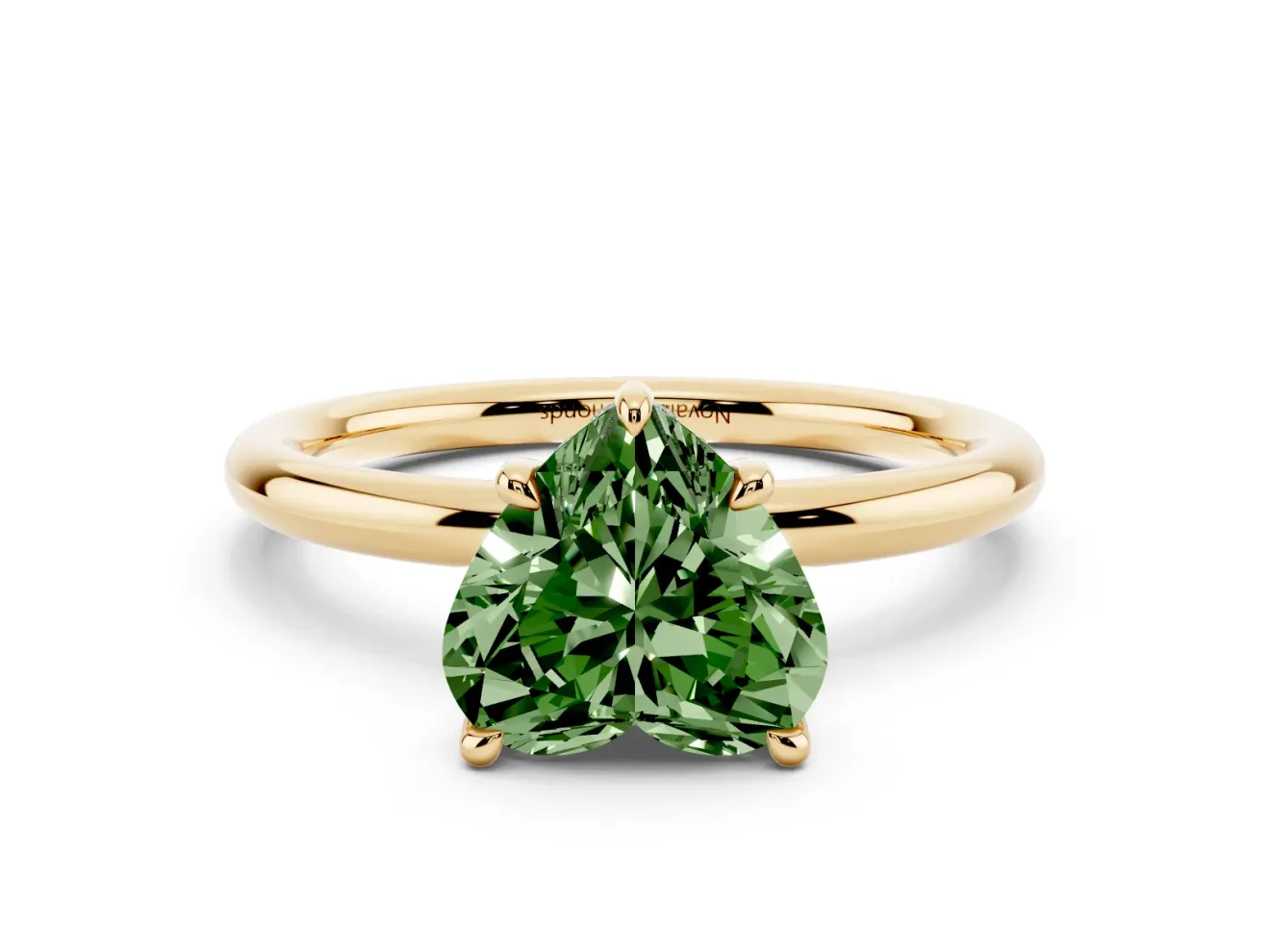 Fancy Green Heart Cut Diamond Solitaire Ring Set in Yellow gold with Thin Band and Prong Setting