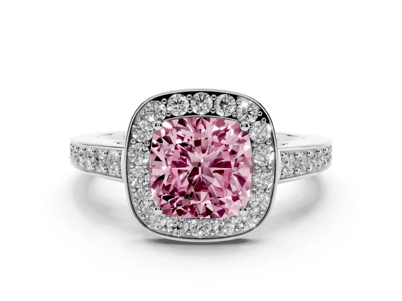 Fancy Pink Cushion Cut Diamond Halo Pavé Engagement Ring Set in White gold with Bezel Setting