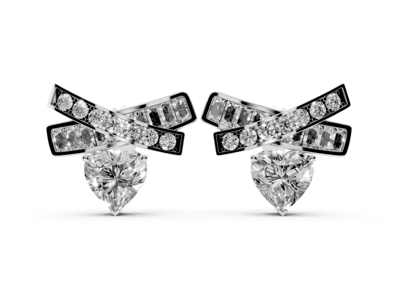 Heart Lab-Grown Diamond Crossed X Stud Earrings | Baguette and Round Bars | White Gold