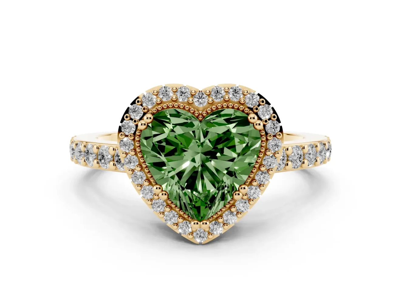 Fancy Green Heart Cut Diamond Halo Engagement Ring Set in Yellow gold with Milgrain Detail and Pavé Band