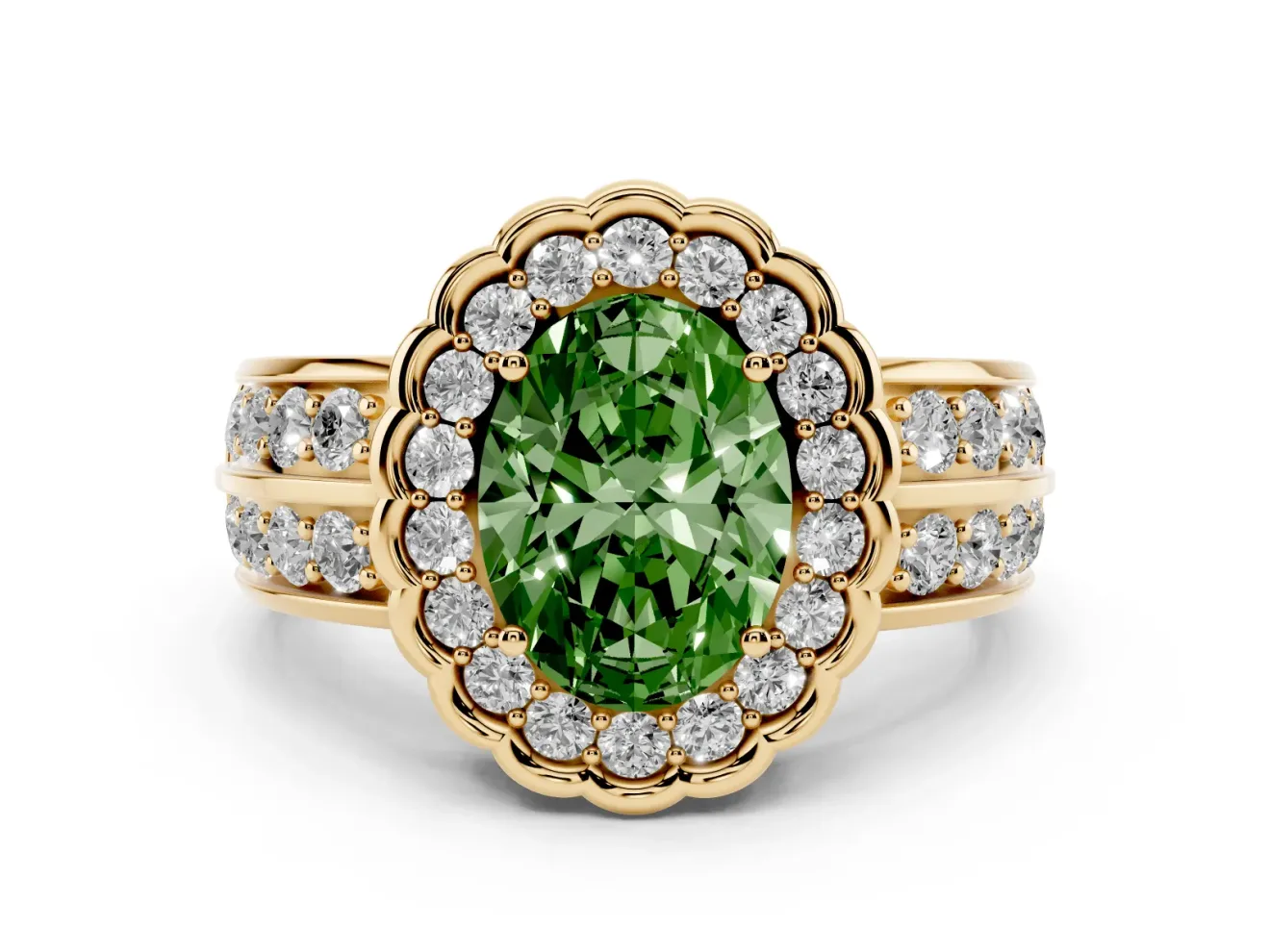 Fancy Green Oval Cut Diamond Scalloped Halo Ring Set in Yellow gold with Pavé Split Shank