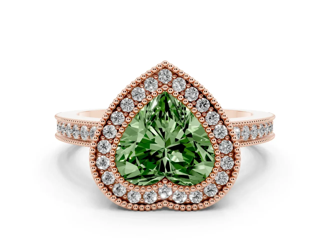 Heart-Shaped Double Milgrain Halo Engagement Ring Setting for a Fancy Green Lab-Grown Diamond | Pave Band | Rose Gold