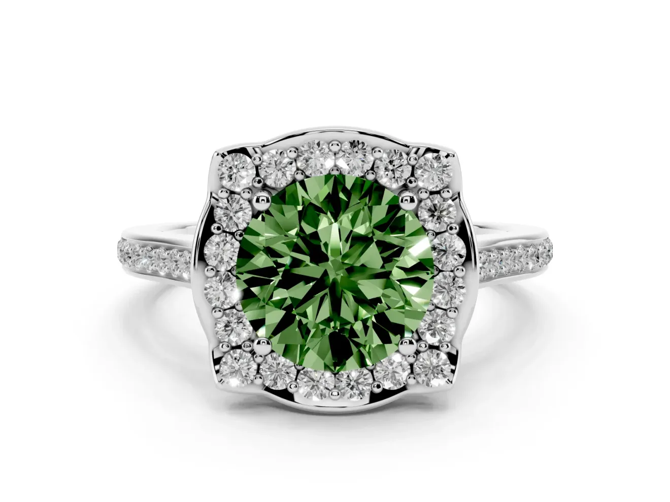 Round Halo Engagement Ring Setting for a Fancy Green Lab-Grown Diamond | Petal Tips | Platinum