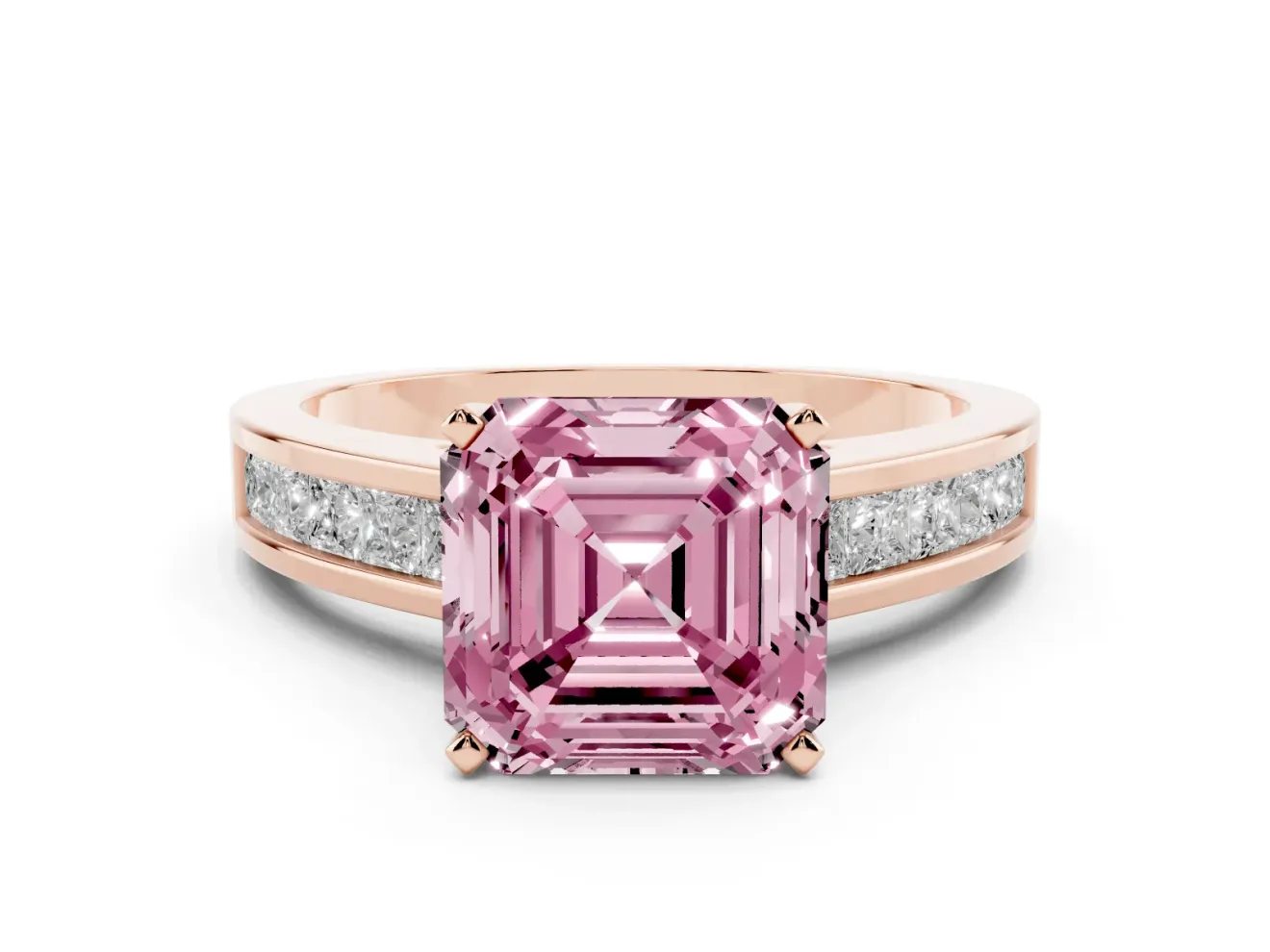 Fancy Pink Asscher Cut Diamond Solitaire Ring Set in Rose gold with Channel-Set Band and Prong Setting
