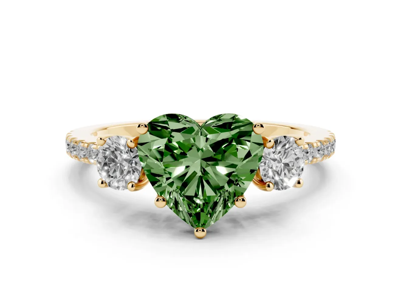 Fancy Green Heart Cut Diamond Three-Stone Ring Set in Yellow gold with Pavé Band and Graduated Sides