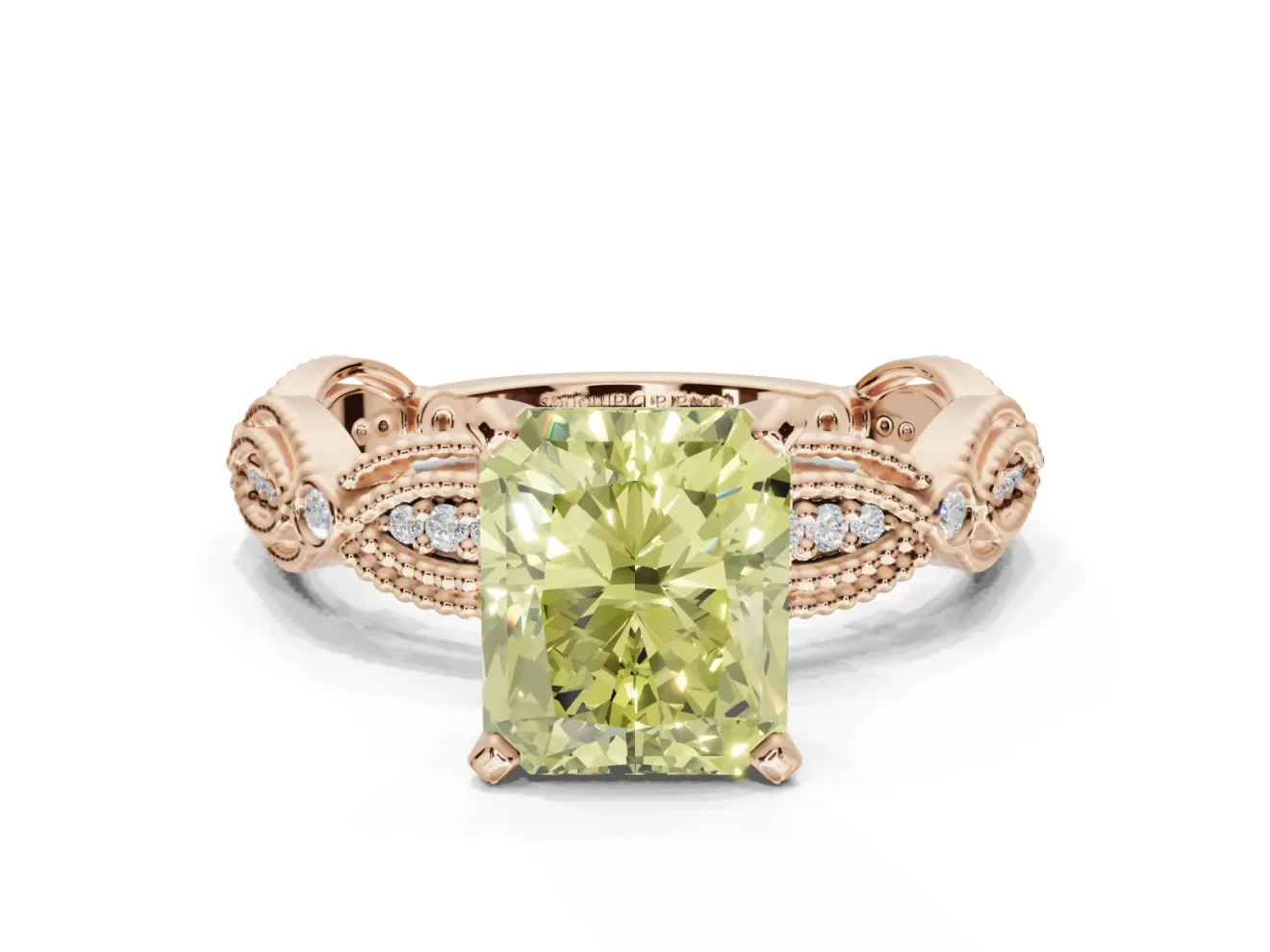 Radiant Cut Vintage Engagement Ring Setting for a Fancy Yellow Lab-Grown Diamond | Graduated Stations | Rose Gold