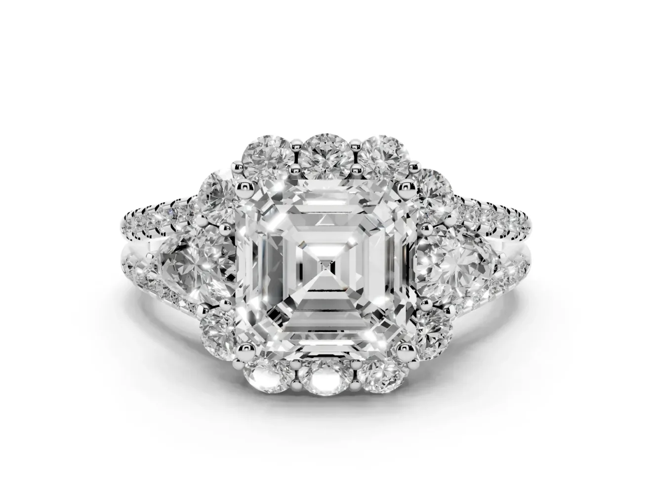 Asscher Cut Diamond Halo Split Shank Engagement Ring Set in White gold with Prong-Held Center Stone