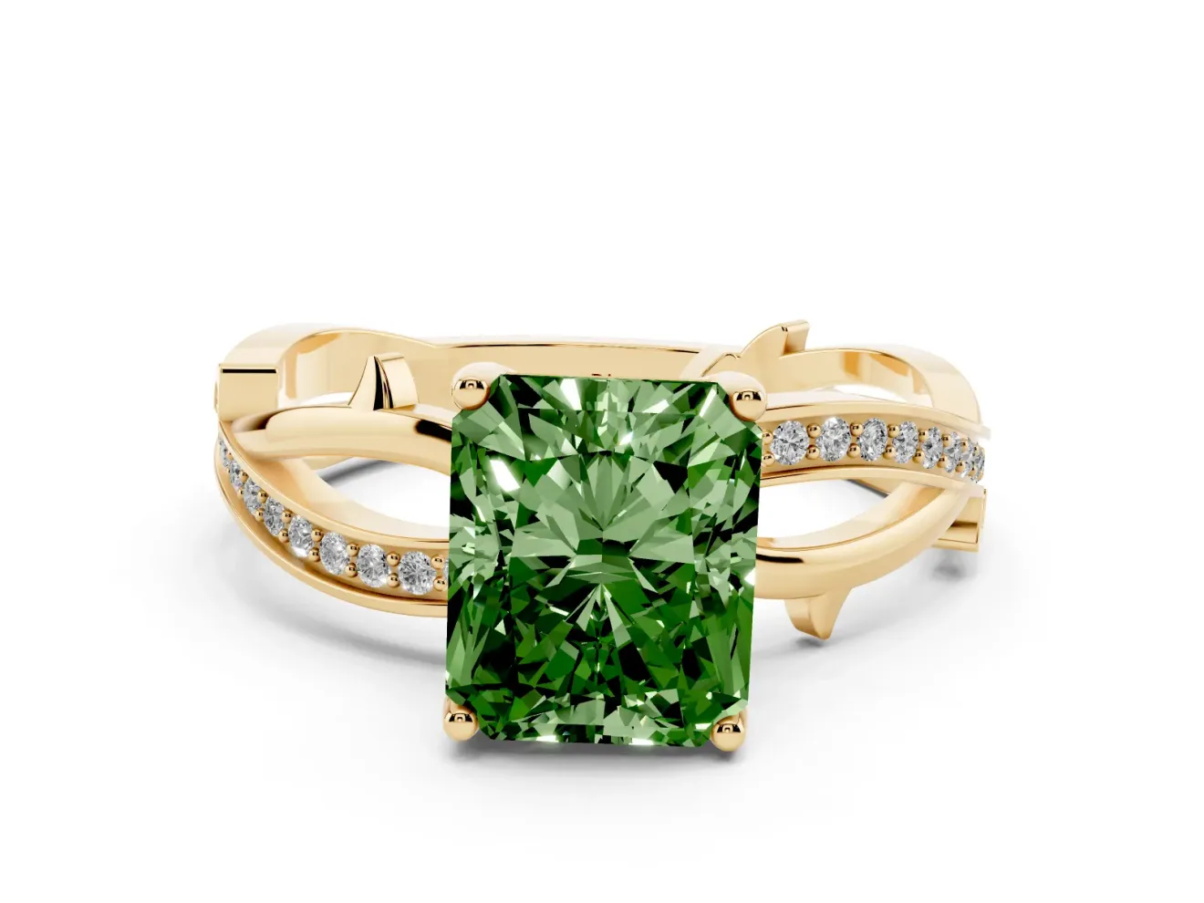 Fancy Green Radiant Cut Diamond Pavé Twist Band Solitaire Ring Set in Yellow gold with Prong Setting